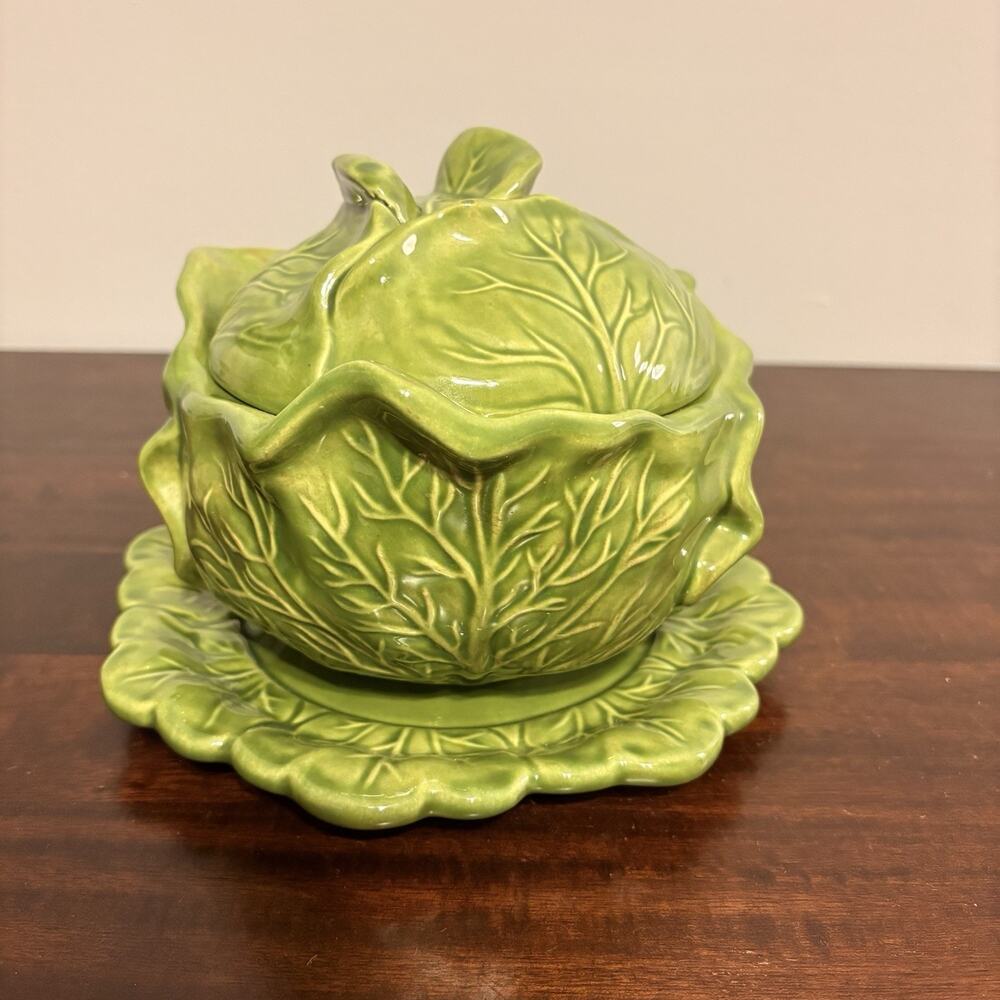 Vintage 1972 Holland Mold Cabbage Tureen with Lid & Underplate – Green Ceramic